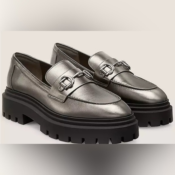 Stuart Weitzman Owen Silver Gray Metallic Platform Chunky Loafers Buckle Detail - Picture 1 of 16